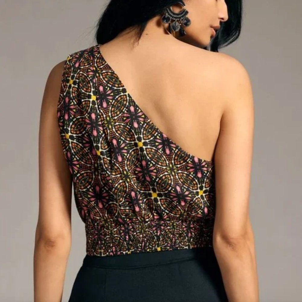 NWT Anthropologie | Brown Printed One-Shoulder 100% Linen Cropped Top, M - Picture 2 of 7